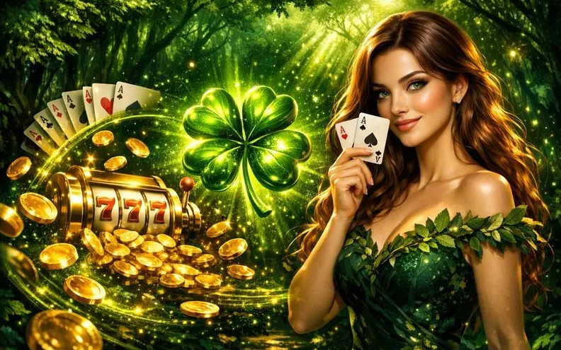 Verde Casino app banner con slot 777 e trifoglio verde
