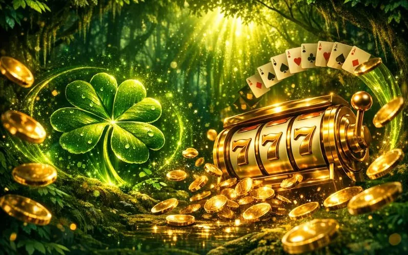 Verde Casino home banner con slot 777 e monete d'oro