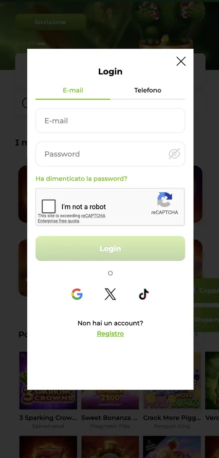 Schermata di login Verde Casino