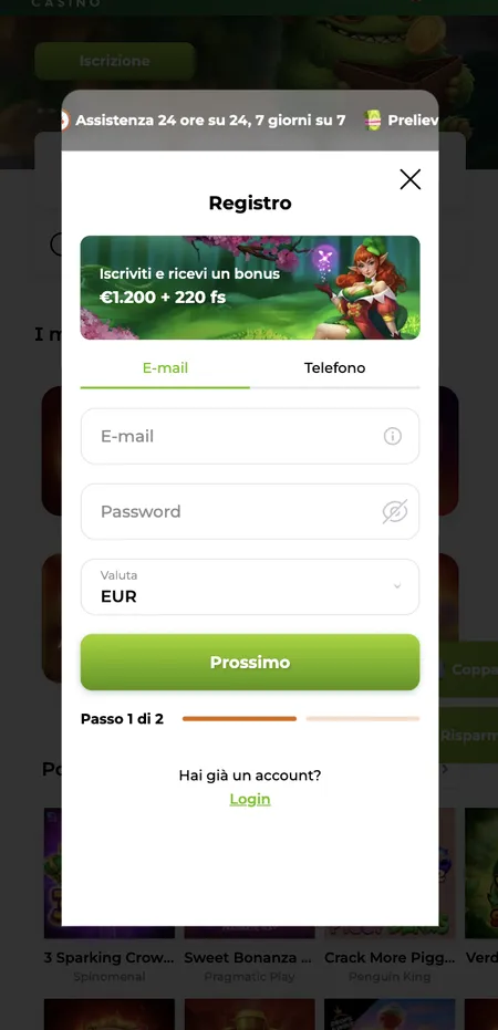 Modulo di registrazione Verde Casino passo 1